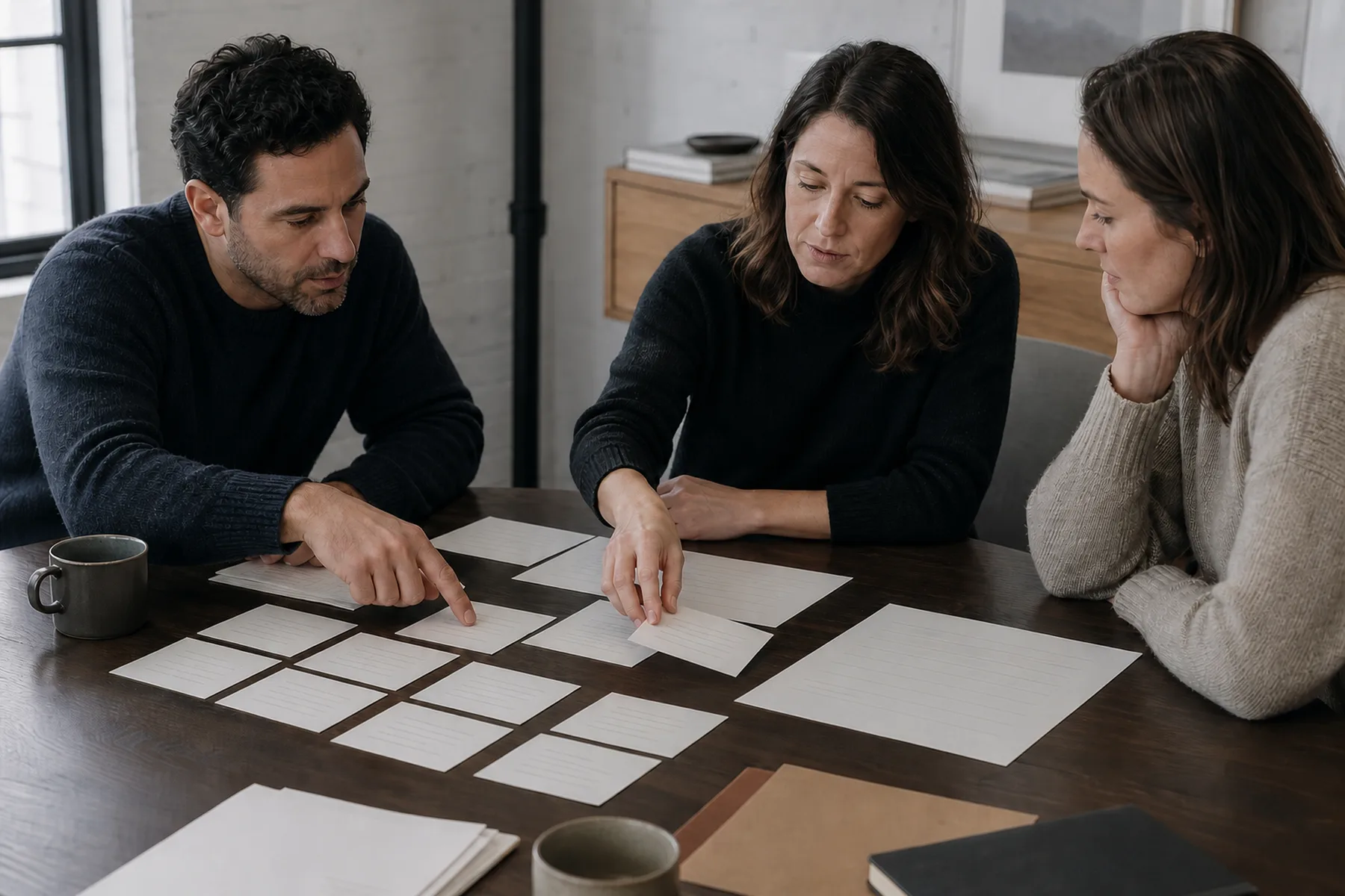 Three people compare assumption cards during a cash scenario review.