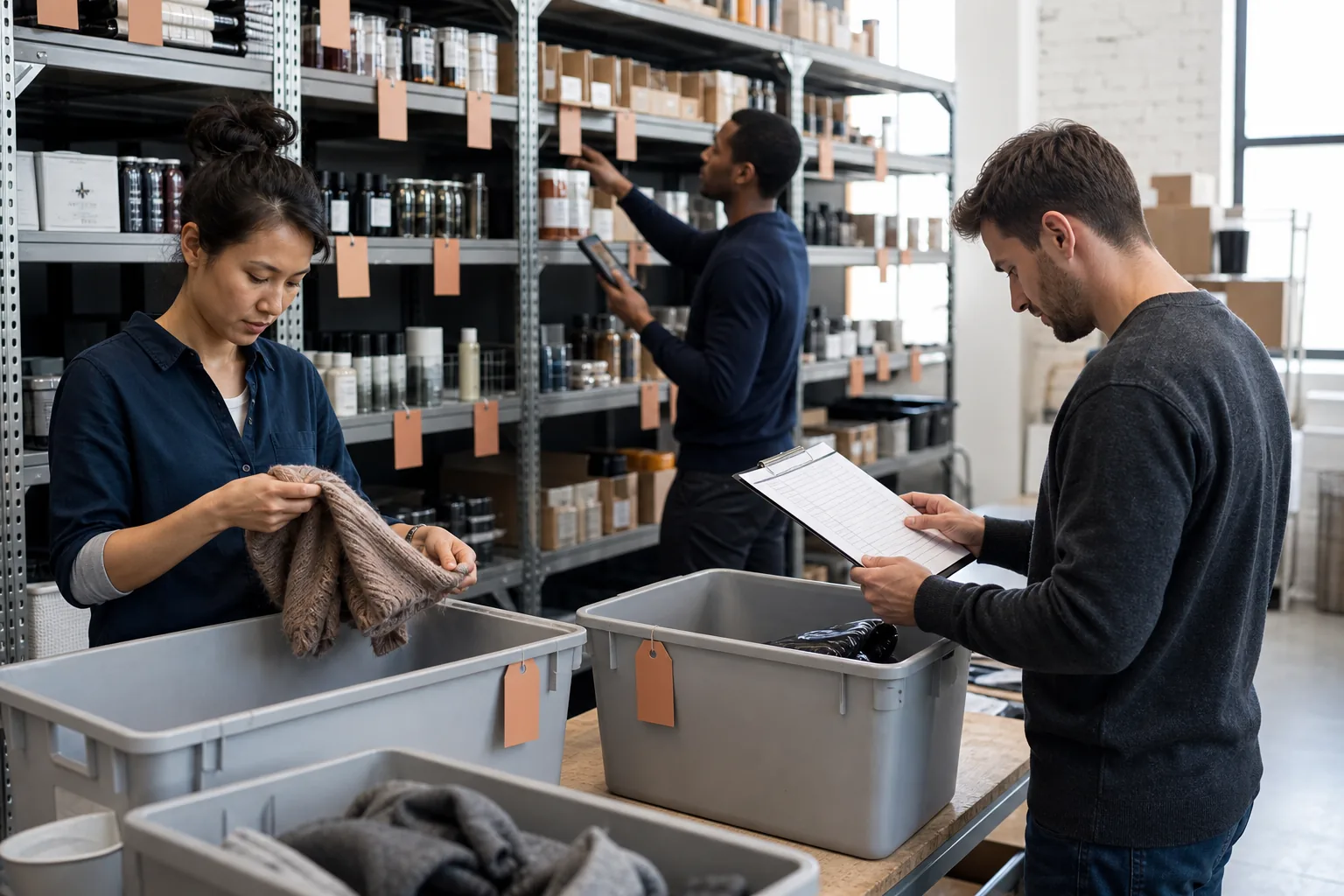 An ecommerce team checks returned products, shelf counts, and settlement records in an active stockroom.