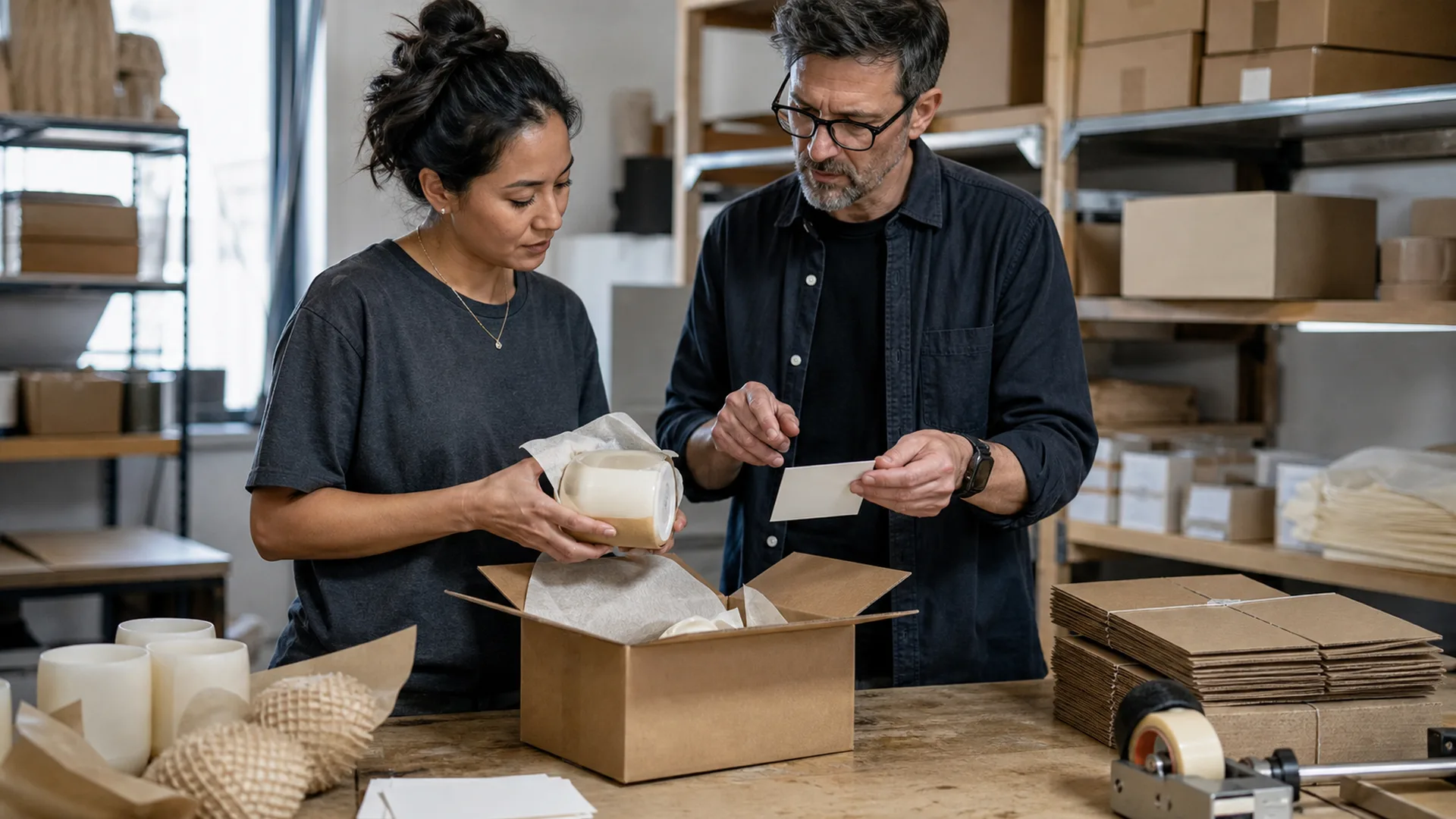 Two people review a packaged product and dependency note in a fulfillment workspace.