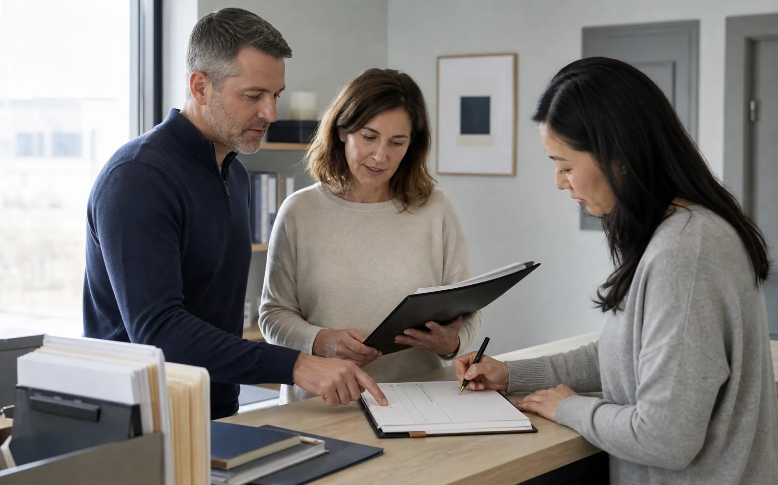 A business owner and two advisers review a question register and assign the next owner.